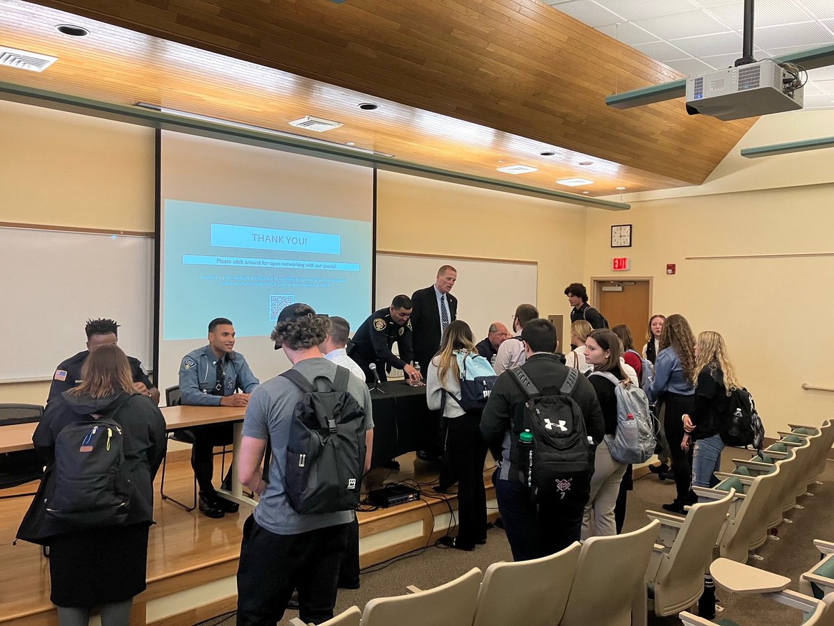 Nichols_College's tweet photo. Thank you so much to our panelists from the MA Department of Corrections, Homeland Security, MA State Police, and the Webster and Southbridge Police Departments. Students gained a lot of information on what it takes to earn a career in the Criminal Justice field. @NicholsCareer https://t.co/1Gv5v3ykYk