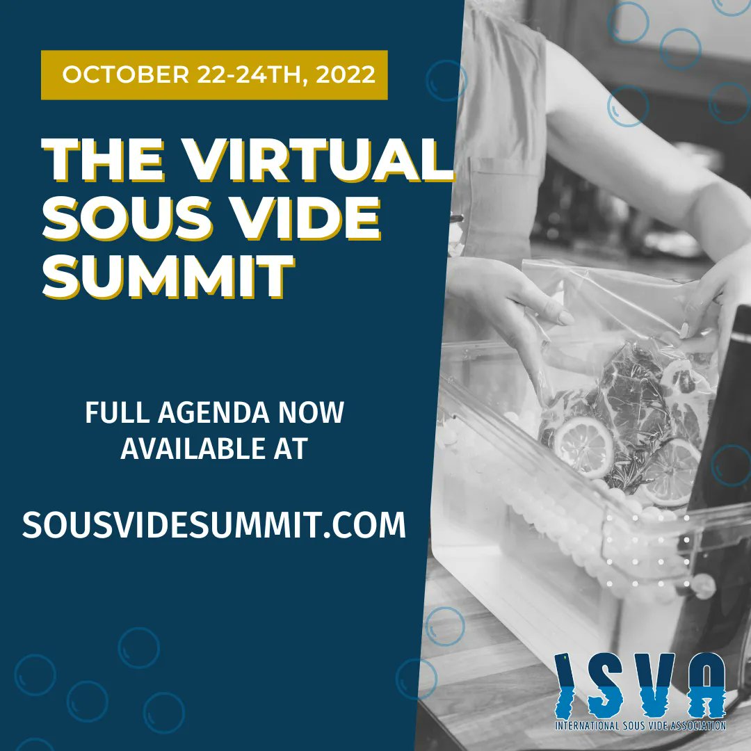 theISVA's tweet photo. Don't miss the best sous vide event of the year! The full agenda is now up on our website at https://t.co/Af5K4Z9KrN. Sign up and join us virtually this weekend, and purchase the VIP or PRO pass for access to all the recordings! https://t.co/STSJRVuaB4