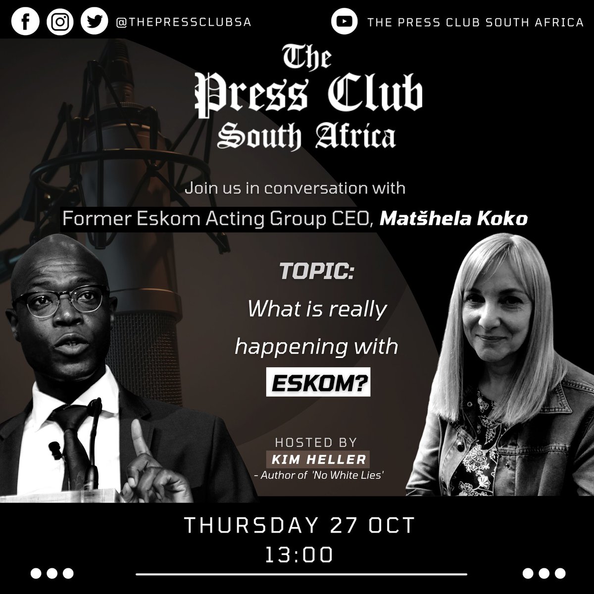TheSundayIndep1's tweet photo. Please join our live discussion with Former ESKOM Acting Group CEO, Matšhela Koko

Host: Kim Heller (Author of 'No White Lies')

Topic: What is really happening with ESKOM?

Date: Thursday, 27 October 2022

Zoom: https://t.co/KDxKQRp1pC
#eskom @thepressclubsa https://t.co/wi2DW9mEll