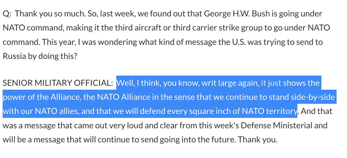 Asked by a reporter Monday “what kind of message the US was trying to send to Russia by doing this,” a Pentagon spokesperson replied, “It just shows the power of the Alliance,” adding “we will defend every square inch of NATO territory.”