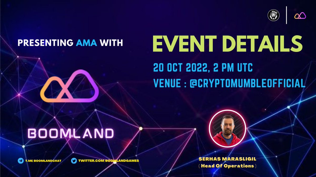 CryptoEdgeCo's tweet photo. We're thrilled to announce the Special Twitter Space AMA with BoomLand on 20th October at 02:00 PM UTC 🤩

🏠Venue: @CryptoMumble

🎙Guest: Mr. Serhat Marasligil
💰 Prize: $100

〽️Rules:
1️⃣ Follow Us &amp; @BoomLandGames
2️⃣ Like &amp; RT
3️⃣ Comment Questions &amp; tag 3 friends.

#AMA https://t.co/W0TUKfDZzL