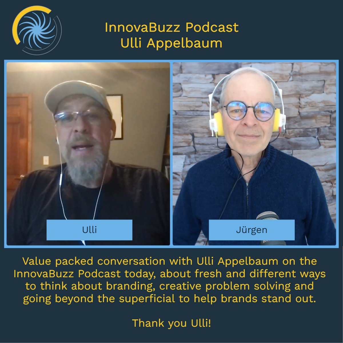Innovabiz's tweet photo. Value packed conversation with Ulli Appelbaum from @FirstTheTrouser on the #InnovaBuzz Podcast today, about fresh and different ways to think about branding, creative problem solving and going beyond the superficial to help brands stand out. Thank you Ulli! https://t.co/wvfV0hZY8x