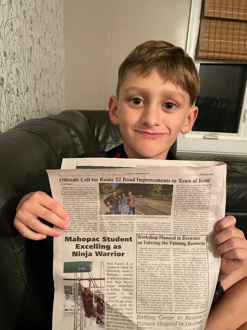 ExaminerMedia's tweet photo. MAHOPAC’S NINJA 🥷 WARRIOR

This eight-year-old local ninja, Haris Pupovic, was plenty proud yesterday to see his picture crack the print edition of the paper. https://t.co/DP35qSF5Fl
