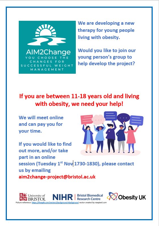 Opportunity here 👇 for young people living with overweight or obesity to have their say in guiding a new intervention development project. Grateful for sharing with young people and for retweets! @BristolBRC @AIM2changeUK @ECPObesity @ObesityUK_org @ICPObesity @CurvyVickiM