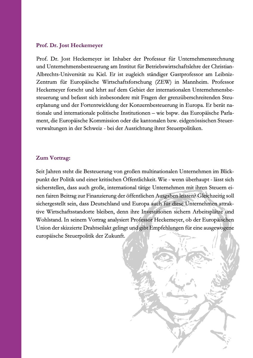 Wir freuen uns auf die diesjährige Gedächtnisvorlesung mit Prof. Dr. Jost Heckemeyer, der über die Besteuerung von großen multinationalen Unternehmen referieren wird. Anmeldungen unter: institut@lvstein.uni-kiel.de