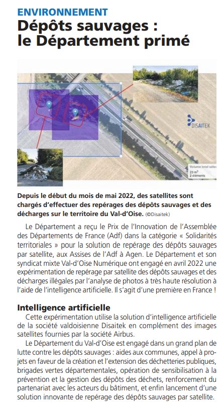Groupe_UVO's tweet photo. #PRESSE 🗞️
🔎 Zoom avec la Gazette du #ValdOise sur notre solution de repérage par satellite des #dépôtsSauvages avec @valdoisenum @Disaitek récompensée lors des dernières Assises des Départements de France cc @ADepartementsF https://t.co/ZV3lFAynvW