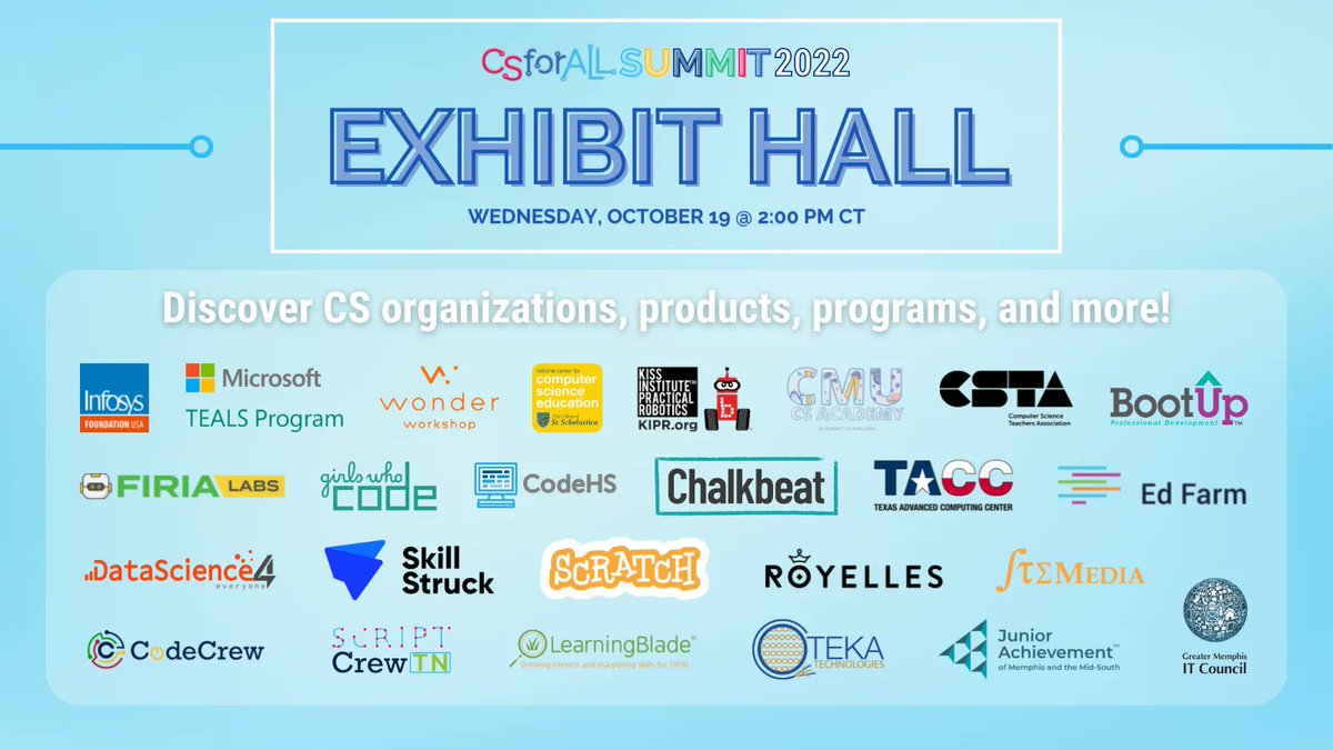 Attendees can explore the Exhibit Hall at the #CSforALLSummit beginning today at 2:00 PM CT!

Stop by our great Exhibitors to discover CS programs, products, and more! Connect with members of the #CSforALL community.

Not yet registered? Register at bit.ly/SummitReg2022.