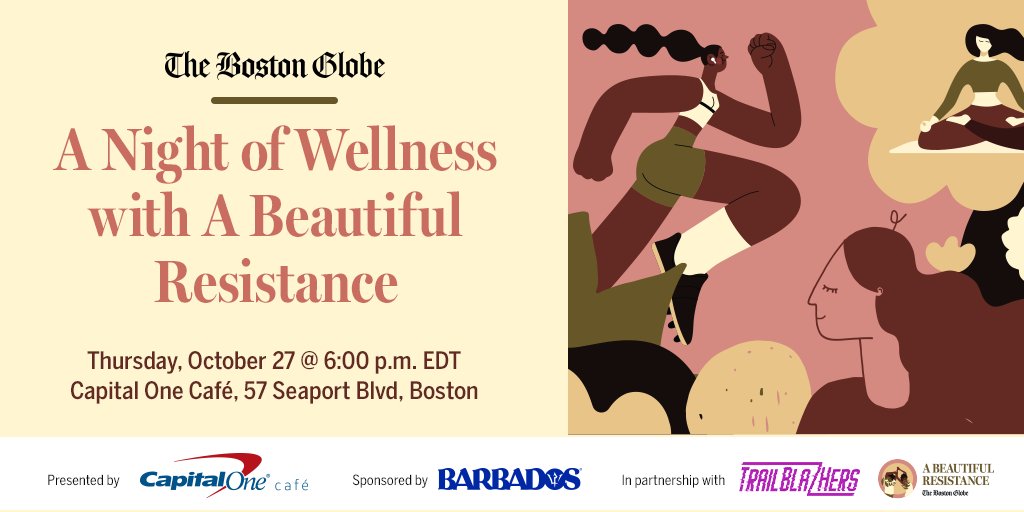 Next week, join <a href="/SincerelyJenee/">Jeneé Osterheldt</a> of @bostonglobe with <a href="/Trailblaz_Hers/">TrailblazHers Run Co.</a> for a night of wellness - from financial to physical to spiritual. The in-person evening event begins with a wellness seminar and concludes with a fun run. Sign up for free here: …thabeautifulresistance.splashthat.com/social