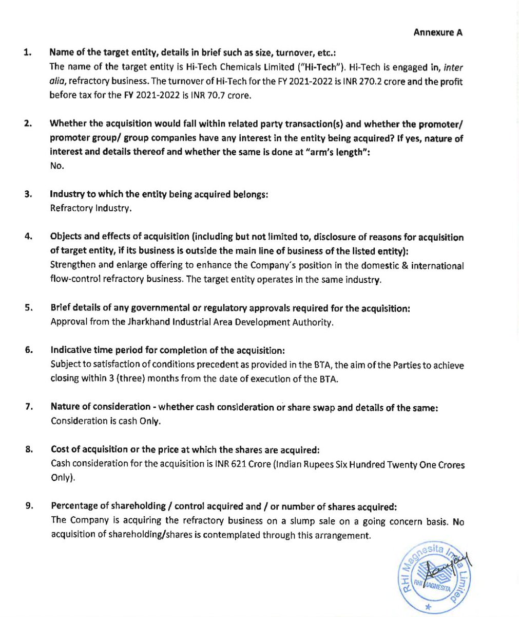 RHI acquires a refractory player that will add 70 crores to PBT and 50 crores to PAT post taxes. Probably the reason why the stock has been too strong inspite of management guiding for a flat year