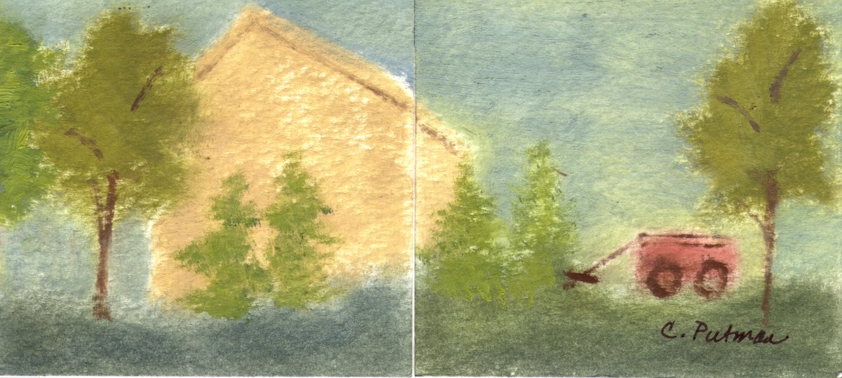 carolputman's tweet photo. "Red Wagon," 2"x 3" diptych, oil on watercolor paper.  (c)2017 Carol Putman.  All rights reserved.  #artwork #painting #study #experimental #playful https://t.co/NH1wUeCtDn