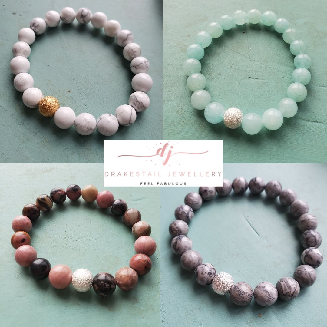Drakestail's tweet photo. Craving a short stack? These stackable bracelets are a hot new item on the menu! White howlite, amazonite, rhodonite, grey jasper, and more. Available online at the Pride, not Prejudice online craft fair, Nov. 3 - 6. 
#drakestail #stackablebracelet #buyhandmade #ottcrafts https://t.co/eQnUHfrH4u