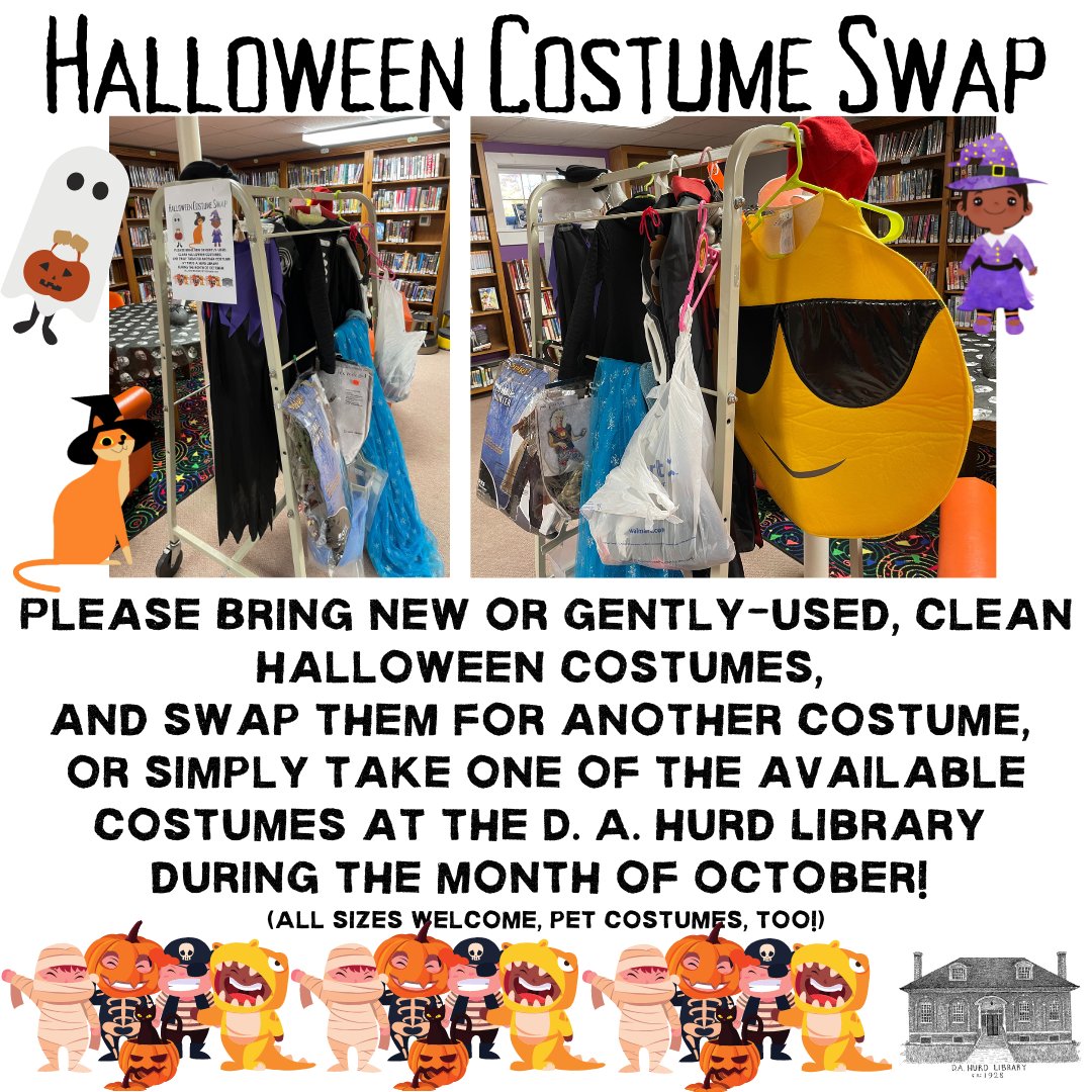 D. A. Hurd Library (@dahurdlibrary) on Twitter photo #HaveYouHurd there are costumes available at the Costume Swap.
Please Bring new or gently-used, clean Halloween costumes, and swap them for another costume,
or simply take one of the available costumes at the <a href="/dahurdlibrary/">D. A. Hurd Library</a> during the month of October! #HaveYouHurd there are costumes available at the Costume Swap.
Please Bring new or gently-used, clean Halloween costumes, and swap them for another costume,
or simply take one of the available costumes at the <a href="/dahurdlibrary/">D. A. Hurd Library</a> during the month of October!