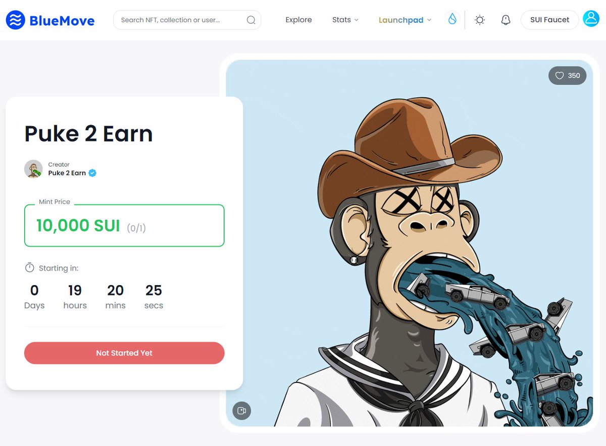 💵 Bluemove Sui ngày mai có event Mint NFT Puke 2 Earn

Thời gian: 16h ngày 20/10

B1: Vào link: sui.bluemove.net/launchpad-deta…
B2: Spam Sui Faucet nếu chưa có token $SUI
B3: Mint

Ae retweet + tim cho mình thêm động lực research thêm nhiều kèo trên Sui nha, tks ae 🥰