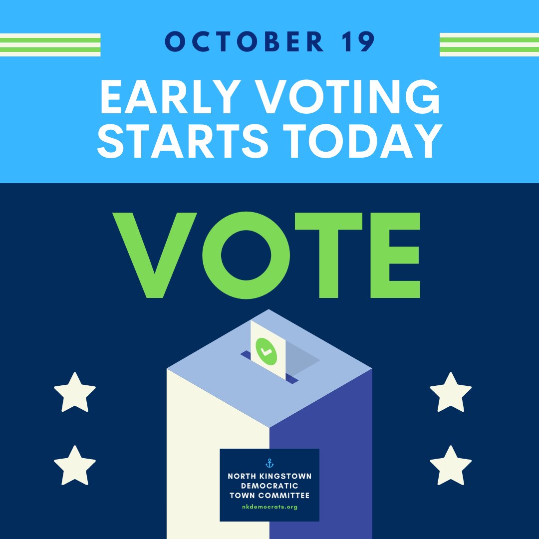 NK_Dems's tweet photo. Early Voting begins today! Make a plan to vote early now until Nov 7th at NK Town Hall - Monday thru Friday from 8:30 am to 4:00 pm #VoteEarlyRI #VoteNKBlue2022 https://t.co/koEH1krBNI