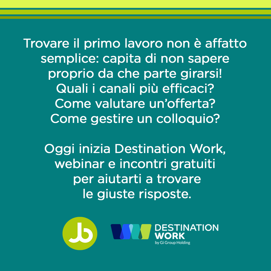 weareJobbit's tweet image. Oggi inizia Destination Work di @GiHoldingItalia !
Te lo ricordavi vero?

#lavoro #orientamentoprofessionale #ricercadilavoro #jobbit #wearejobbit #yourjobinabit