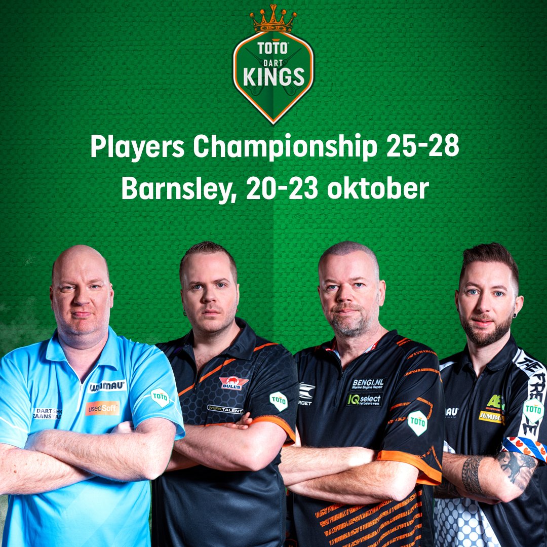 Deze week komen @VvdV180, @Duivee, @Raybar180 en @Dannynoppert namens #totodartkings in actie tijdens de Players Championship-toernooien in Barnsley. @MvG180 zien we volgende week weer terug tijdens het EK Darts in Dortmund!