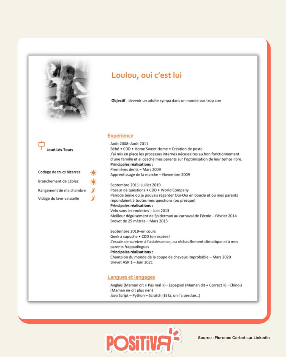 "Mon fils de 14 ans cherche son stage d'observation de 3ème et on lui demande son CV. Sérieux, les gars ??? Vous en aviez un CV, vous, à 14 ans ?"

La réponse de cette maman est parfaite 👌

Source : Florence Corbet sur Linkedin