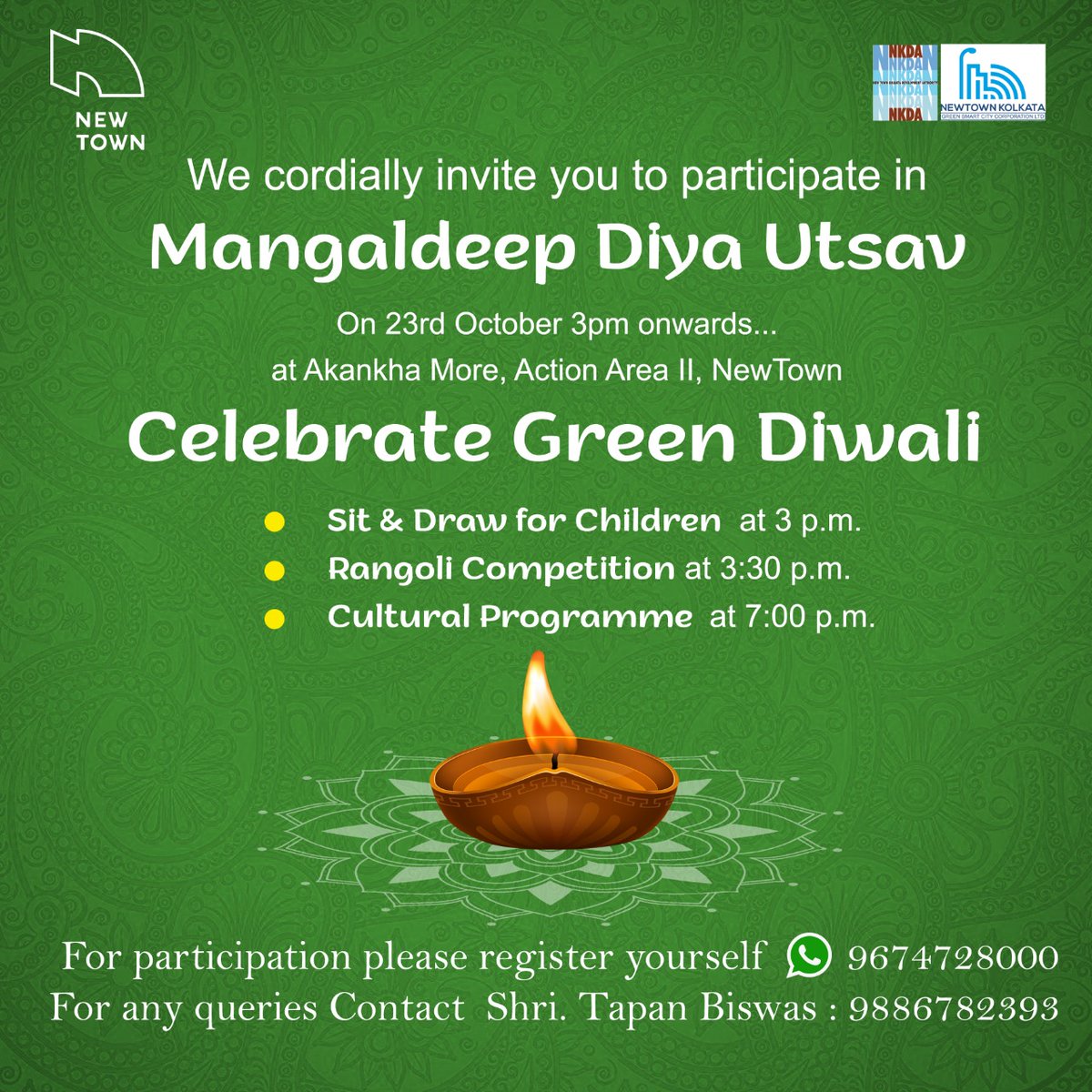 Sanjitme2's tweet photo. Let's make this Diwali a pollution free Diwali without firecrackers and pollution. Lets pledge to go green. 
Participate in Mangaldeep Diya Utsav, Newtown on 23rd October, 2022 from 3pm onwards! 
Register at 9674728000
For queries contact - 9886782393

#Diwali2022 #GreenDiwali https://t.co/0pmVIdJXT2