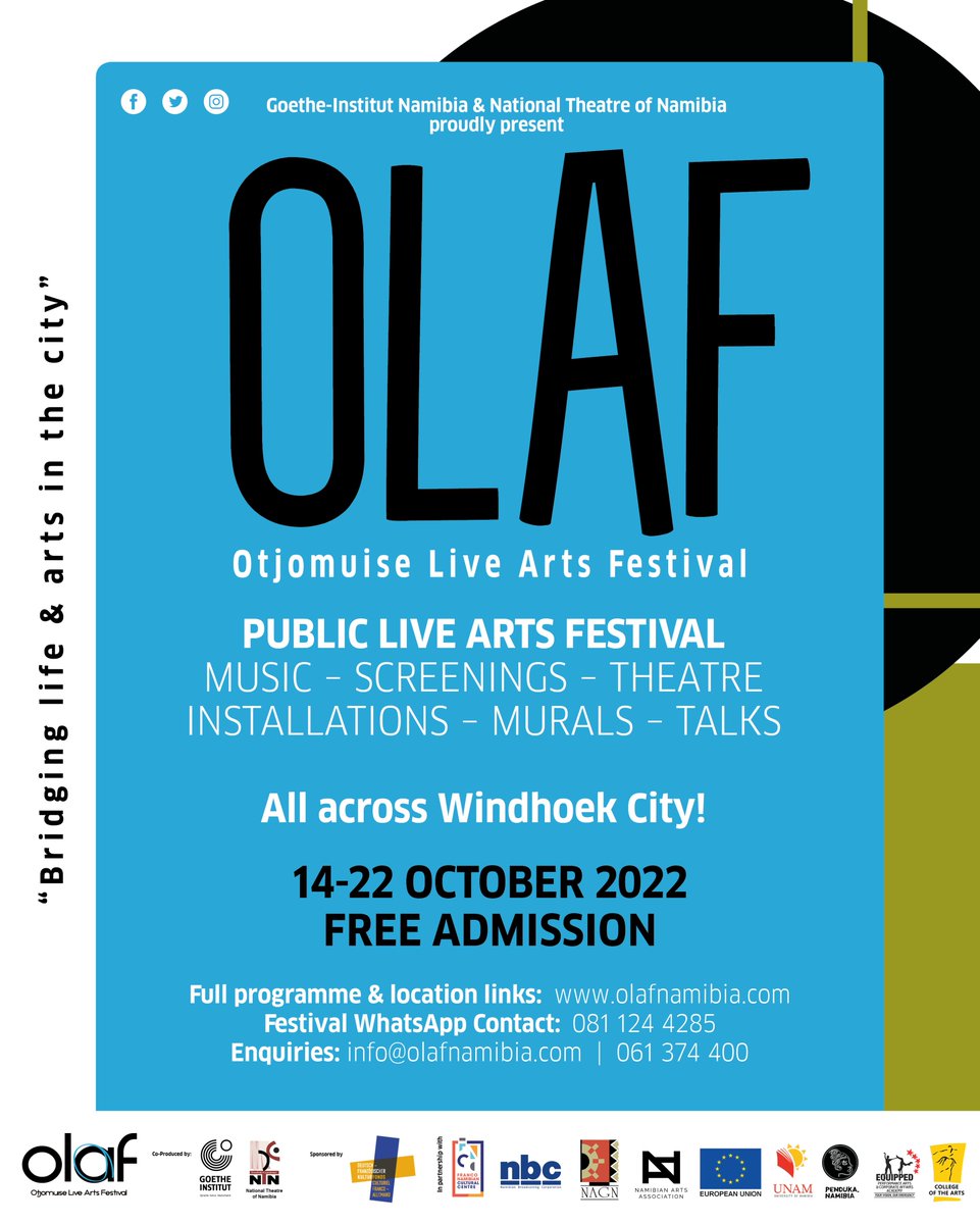 NBCNamibia's tweet photo. Catch @OLAF_Namibia Around Windhoek!
To Download the Programme and Location Links Visit https://t.co/iHdcgOWp0U
And For Enquiries Send an Email to info@olafnamibia.com or Contact 061 374 400 and
081 124 4285
#olafnamibia #olaf2022 #bridginglifeandartsinthecity https://t.co/5Y1qysliZZ