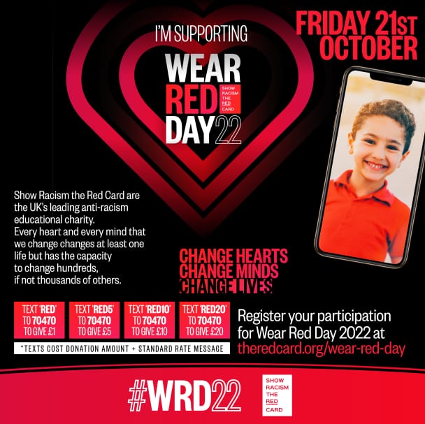 GedGrebby's tweet photo. 2 days to go!   Get you RED gear out to support #ShowRacismtheRedCard.
433,456 stong: #WRD22
Twitter storm 10.30 Friday.
#antiracist #education 
#NoRoomforRacism @SRtRCScotland @theredcardwales @SRTRC_England https://t.co/DUVMIfhW74