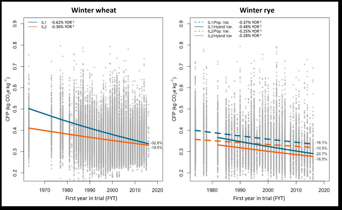 Til Feike (@feiketil) on Twitter photo Crop #breeding boosted yields over the past decades
But how about the contribution of breeding progress to #cereal carbon footprints (CFP) 🤔
First evidence provided in <a href="/JKI_Bund/">Julius Kühn-Institut</a> study
👉 13-23% lower CFP in modern vs. 1980s wheat & rye varieties
authors.elsevier.com/a/1fu9j3QCo9fF…
(1/3) Crop #breeding boosted yields over the past decades
But how about the contribution of breeding progress to #cereal carbon footprints (CFP) 🤔
First evidence provided in <a href="/JKI_Bund/">Julius Kühn-Institut</a> study
👉 13-23% lower CFP in modern vs. 1980s wheat & rye varieties
authors.elsevier.com/a/1fu9j3QCo9fF…
(1/3)