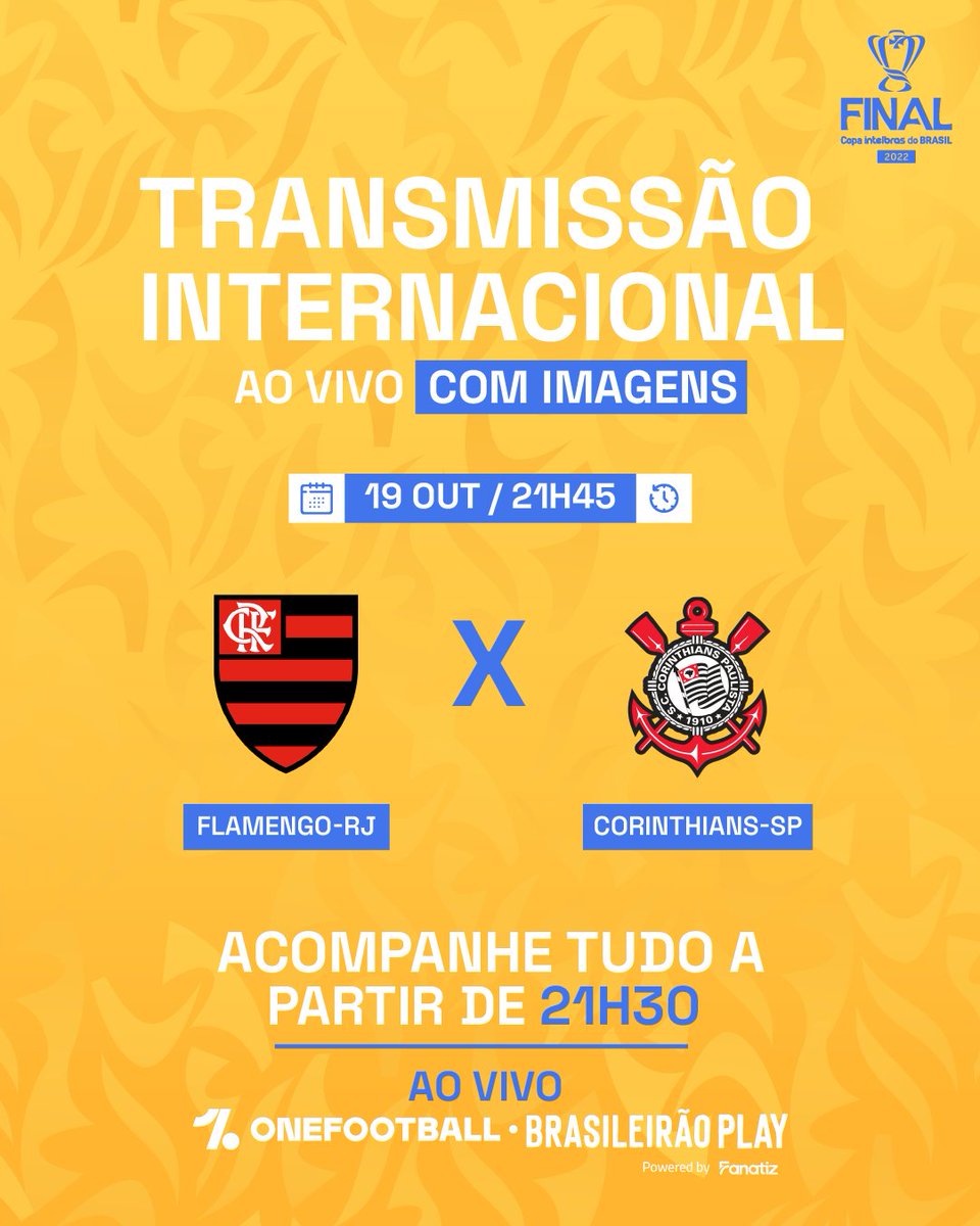 portaldatorcida's tweet photo. 🌍 É DIA DE #FinalCopaDoBrasil, e é claro que vai ter transmissão para TODO o planeta! 🔥
🆚 @Flamengo x @Corinthians
🗓️ 19/10
⏰ 21h45 (transmissão a partir das 21h30)
▶️ https://t.co/nOYswVQ4nF
▶️ https://t.co/VmlEK1WVAV
#CdBPeloMundo https://t.co/4iHUmTFTGw