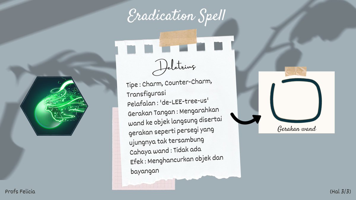 "Deletrius adalah mantra yang dapat menghancurkan objek tertentu. Mantra ini juga berfungsi sebagai mantra menghapus bayangan yang dihasilkan Reverse Spell (Priori Incantatem) sekaligus menghilangkan bayangan yang dipancarkan dari tongkat sihir.

-c-