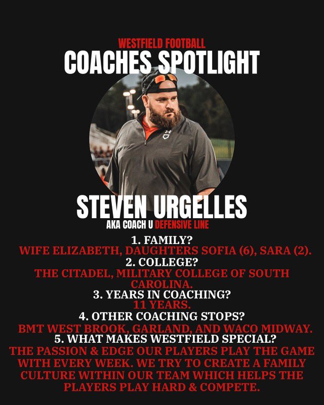 🏈Coaches Spotlight 💡 The owner of the Dawg Pound! Coach Urgelles is a hard worker, great leader, and absolutely loves the kids. He isn’t a bad a cook either just ask the DL! He has been at Westfield for 2 seasons. Please give @coach_u87 a follow and show him your support!