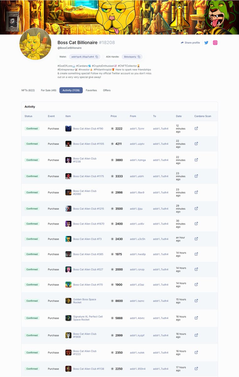 🤑👑 Dropped 53k ADA on <a href="/BossCatRC/">Boss Cat Rocket Club</a> assets in the last 24hrs courtesy of <a href="/EpochLabz/">Epoch Labz</a> to give their floor &amp; sales volume a little 🚀 &amp; show support for their project! I would say to the wider CNFT community, don't sleep on the cats...

#EpochLabz 👀 don't say I didn't warn you!