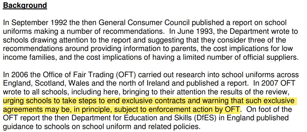In 2007 <a href="/OFTgov/">OFT</a> wrote to schools, incl NI schools urging them to end exclusive deals.This prompted #SchoolUniform guidance to be developed by <a href="/Education_NI/">Education NI</a> <a href="/BBCNewsNI/">BBC News NI</a> revealed in August 22 the guidance isn't working as they revealed 1 in 4 post primary schools benefit from deals!