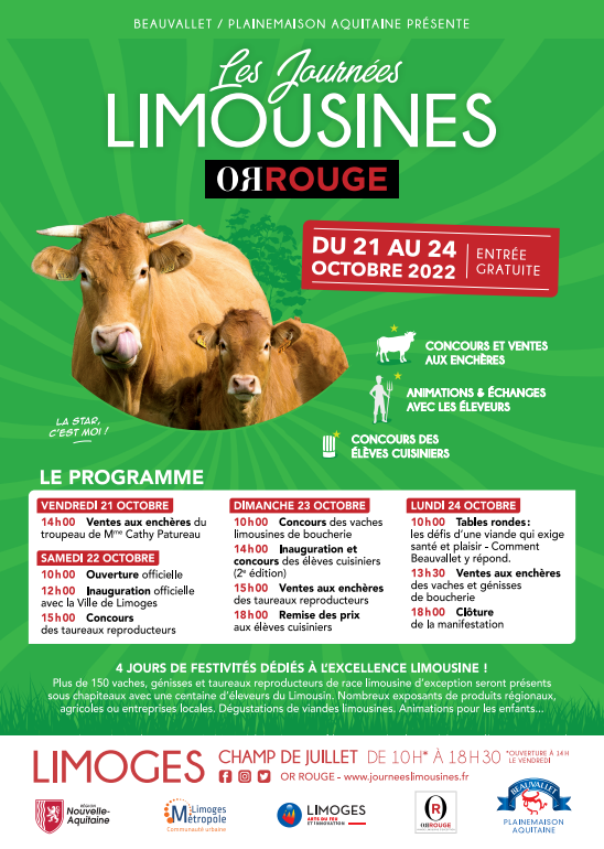 viandeorrouge's tweet photo. Rendez-vous du 21 au 24 Octobre au Champ de Juillet de Limoges avec au programme : des ventes aux enchères, un concours de cuisine et pleins de stands à découvrir ! #OrRouge #Limoges #JournéesLimousines #viandeLimousine #Limousine #viandeexception #France #madeinFrance https://t.co/RVRqpY4NlA