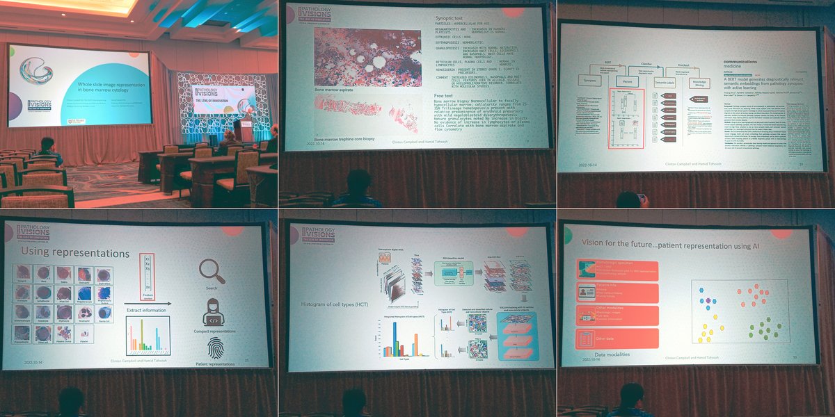 schaumberg_a's tweet photo. How may AI represent #hemepath samples, for the purposes of search and diagnostics?
Clinton Campbell and @HamidRTizhoosh jointly present exicting multimodal applications, from cell subtype counts (YOLOV4) to clinical text (BERT).
#PathVisions22 @dpatweet https://t.co/3zf4f6VAHg