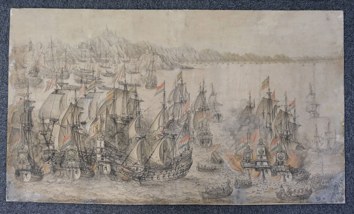 voetnoot's tweet photo. Drawing of the Sea battle off Goa between the Dutch and Portuguese fleets in 1638. I wonder who bought it. @schpvrtmsm @MaritiemPortal #colonialwars #seventeenthcentury https://t.co/0jv6qSnx1i