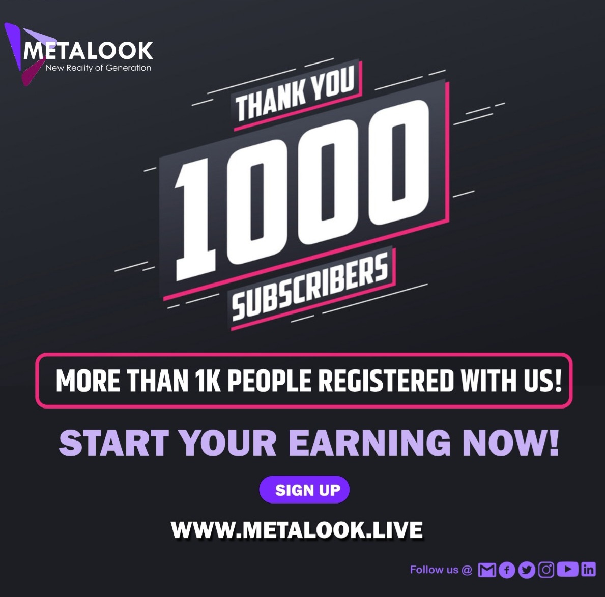 Metalook3's tweet image. More than 1000+ people registered with Metalook..
START YOUR EARNING NOW !
#metaverse #metaversenft #Metalook 
Visit us at metalook.live