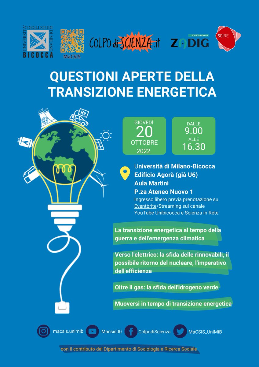 colpodiscienza's tweet photo. ⏰20 ottobre ore 9:00
Appuntamento a domani a #Milano #Bicocca e online 👉https://t.co/nMaOueHeDX con @macsis_unimib, @scinet_it e #Zadig per il convegno “Questioni aperte della #TransizioneEnergetica”!
👉https://t.co/aAQxB7rv4I #MaCSIS https://t.co/w9nsr8yJIV