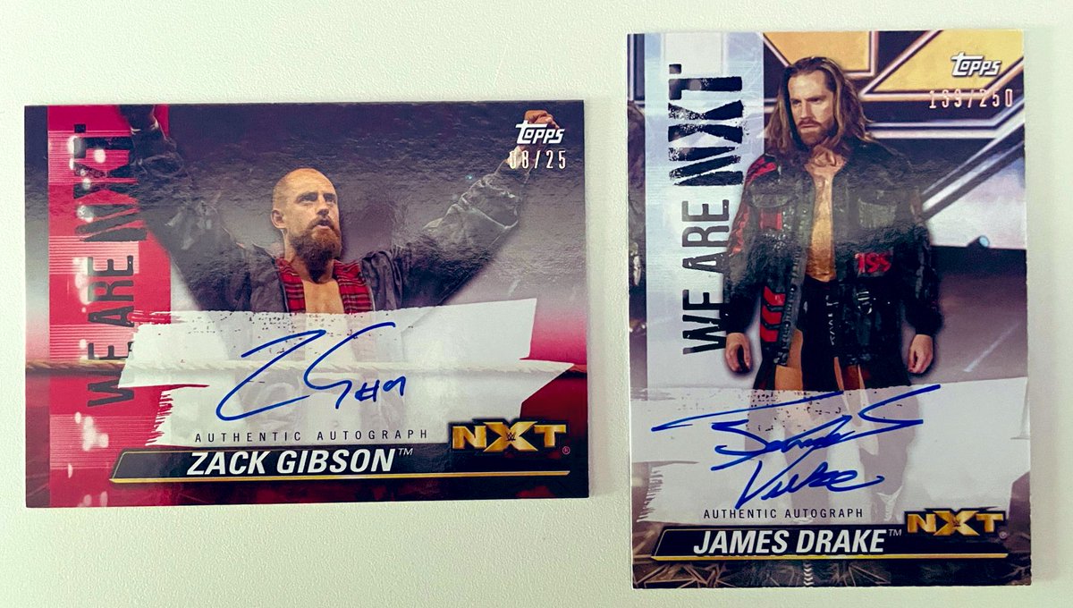 #WeAreNXT & #WeAreGYV Great to add these authentic autograph @Topps #WWENXT Trading Cards to the #GYV collection 🔴 Zack Gibson 8/25 ✍️ ⚪️ James Drake 139/250 ✍️ #GrizzledYoungVeterans #WrestlingCardWednesday @RipFowlerWWE @Jagger_WWE