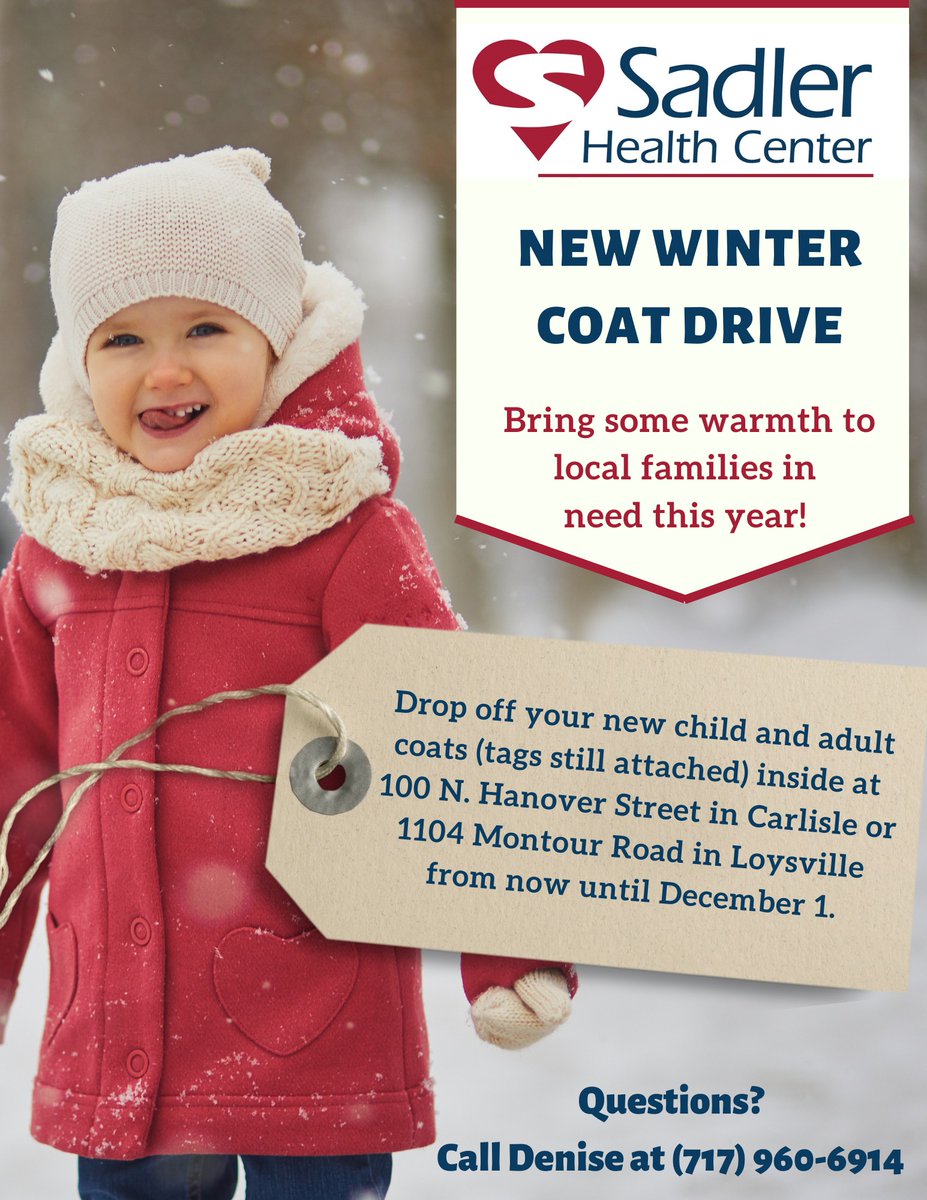 Brrr...it's getting colder and we are re-sharing our new winter coat collection drive for kids and adults  at Sadler Health Center! 🧥
You may drop them off inside at 100 N. Hanover Street, Carlisle and 1104 Montour Road in Loysville during business hours!
