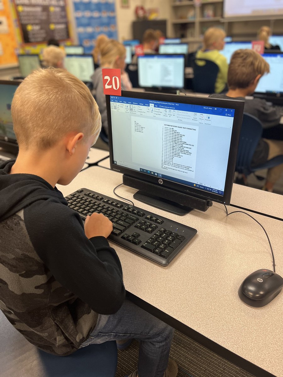 ComputersMp's tweet photo. I just love watching these #mpconfident 2nd graders put their brains to work! We practiced formatting in MS Word to create a mystery picture and they handled it like pros! @ClaOlathe @MPTimberwolves https://t.co/ExepBdzIga