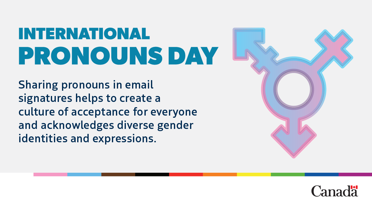 PrivyCouncilCA's tweet photo. On International #PronounsDay, I encourage #GCEmployees to include their pronouns in their email signatures. Join me in making small gestures to help advance #GCInclusion.  

– Clerk Charette (she/her) https://t.co/HyY48wd2lB