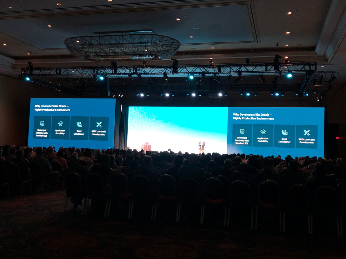 MikeHichwa's tweet photo. Oracle's Andy Mendelsohn @CloudWorld talks up AppDev productivity, the Oracle DB and @OracleAPEX.  For me the combination ORDS (@OracleREST), Oracle DB, and APEX is the killer STACK.   Portable on prem, OCI, other clouds, on your notebook, on Exadata lots of choice. So powerful https://t.co/sMULx1Jao3