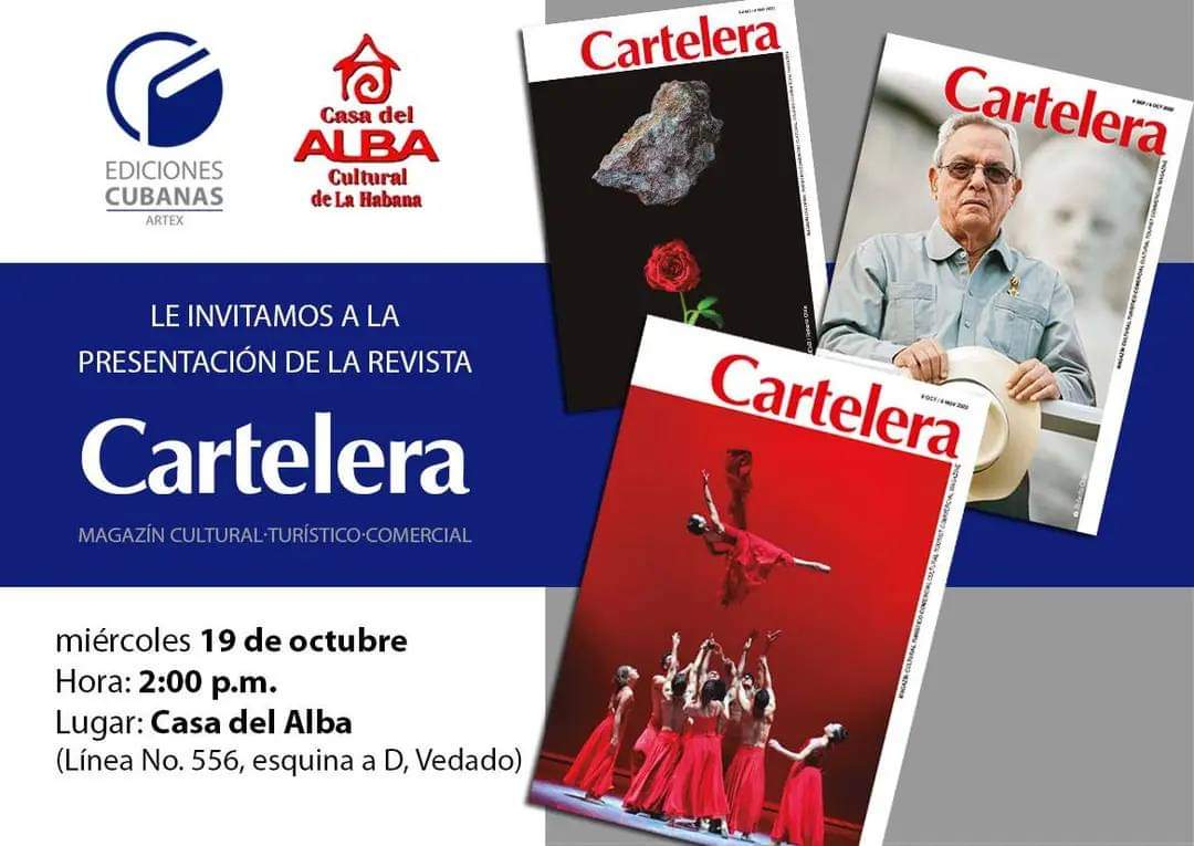 PlazaDCultural's tweet photo. HOY a las 2 pm, en la Casa del Alba Cultural, presentación de la revista Cartelera. Una publicación de Ediciones Cubanas de Artex, patrocinada por la #DireccióndeCulturadePlaza

#CubaEsCultura 
#CubaEsAmor 
#CubaPorLaPaz https://t.co/ZpYFry675D