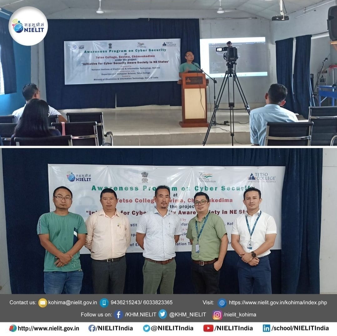 NIELIT Kohima conducted Awareness Program on 'Cyber Security' for the Staff and Students of Tetso College, Sovima, Chümoukedima as an initiative to create a Cyber Security Aware Society in NE States. @NIELITIndia @CHU_NIELIT @KHM_NIELIT @GoI_MeitY