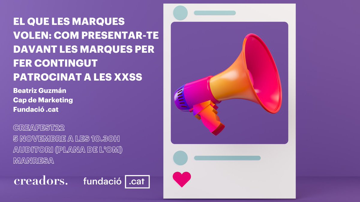 accentobert_'s tweet photo. 💥El proper 5 de novembre serem al #Creafest22!
La nostra companya Beatriz Guzmán (@pitizgb), cap de marketing de @puntCAT, participarà amb la xerrada 'El que les marques volen: com presentar-te davant les marques per fer contingut patrocinat a les XXSS'
https://t.co/S6FfN6Dqyr https://t.co/tNmqw7AD2c