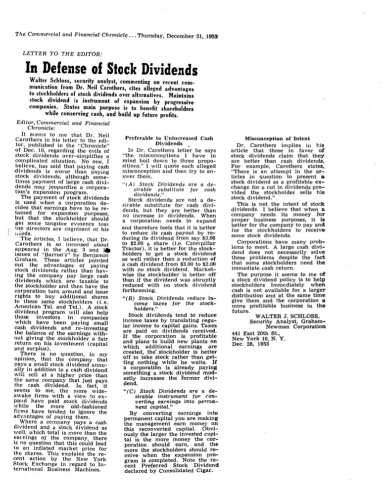 F_Compounders's tweet photo. A letter by Walter Schloss in which he defends stock dividends. https://t.co/nykzHz2cn6