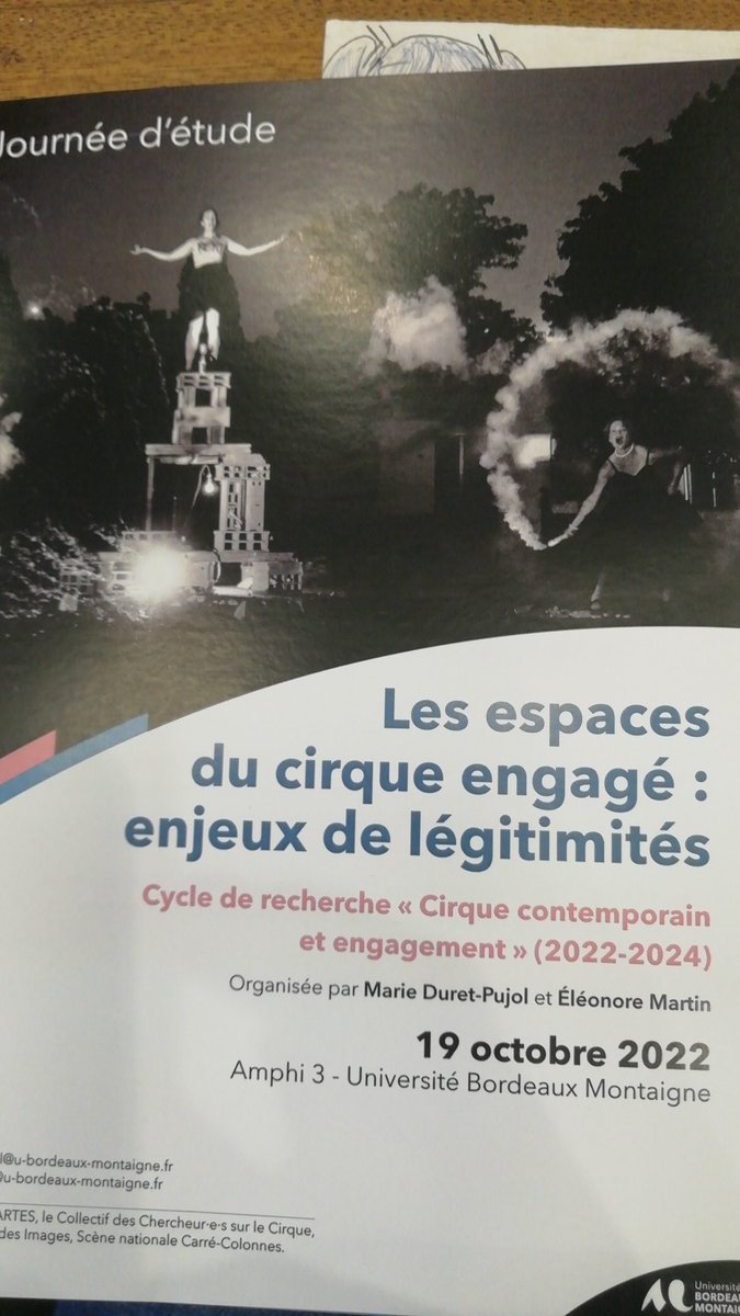 MagaliSizorn's tweet photo. C'est parti pour la journée d'étude sur les espaces du cirque engagé à l'université Bordeaux Montaigne !
J'y présente une communication sur les impensés du travail mobile:  maternité et parentalité chez les artistes de cirque.
#cccique #cetaps https://t.co/BD0V8SwwNe