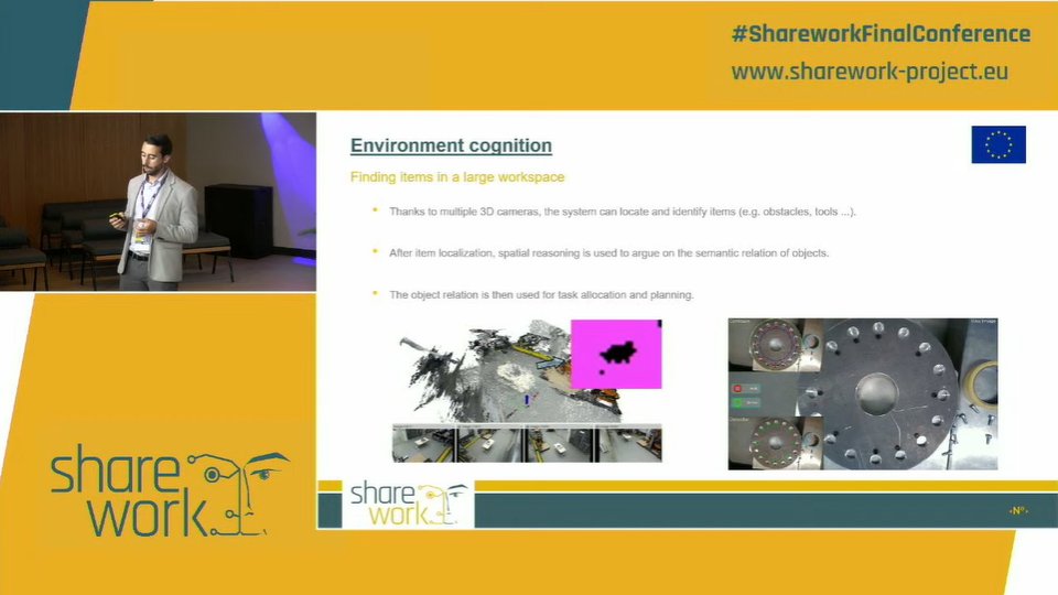 Sharework_EU's tweet photo. Néstor García talks about human task recognition in industrial environments, based on a deep-learning model
💡 The robot processes RGB video sequences and executes a weighted pooling to product a robust estimation of the task #ShareworkFinalConference
🔴 https://t.co/4eu4GDdmGN https://t.co/VidGF1xNNR