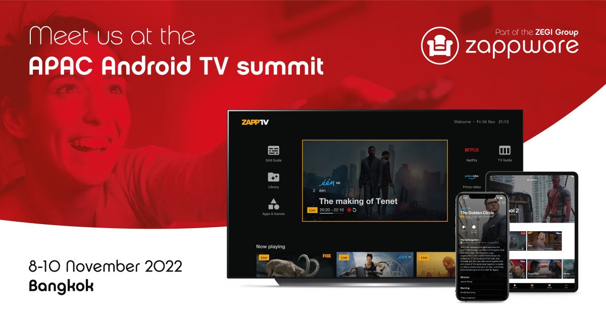 Zappware's tweet photo. Meet us at the exclusive Android TV APAC Summit in Bangkok.
@Zappware invites you to visit the ZEGI Group room and explore our premium Android TV solutions. 
 
Book a meeting with Patrick Vos and Ives Decraene, our Executive Directors, or send an email to info@zappware.com 📧 https://t.co/GrpeiWMBup
