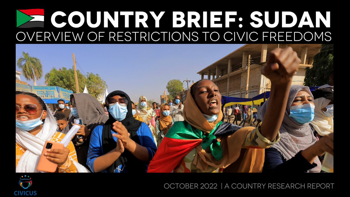 CIVICUSMonitor's tweet photo. 🇸🇩#Sudan: Ahead of 1 year anniversary of coup (25 Oct), our new research brief looks at restrictions to civic freedoms: 

🟠Killings, torture &amp; arrests of protesters
🟠Sexual violence against women activists
🟠Journalists detained &amp; media outlets raided
https://t.co/48sxQ7Cq0F https://t.co/KVW1iLMM2o