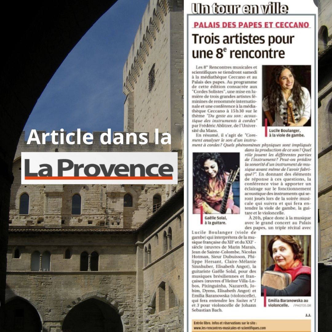 RMSAvignon's tweet image. On parle des @RMSAvignon cette semaine dans @LPAvignon !
RDV samedi 22 pour la 8e édition !
👉 …ontres-musicales-et-scientifiques.com
#rms #concert #avignon #musique #art #femmessolistes #culture #lucileboulanger #violedegambe #violoncelle #gaellesolal #laprovence