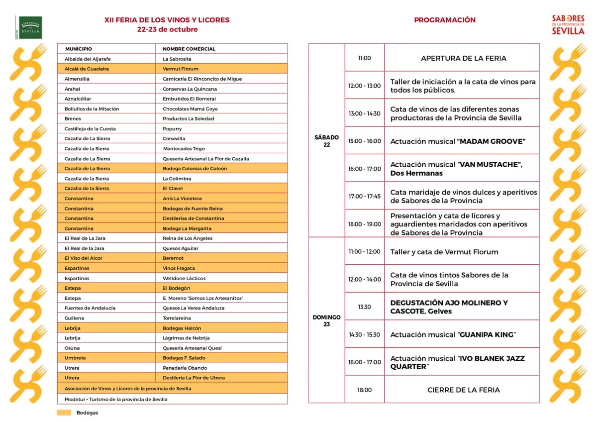 SaboresSevilla's tweet photo. V FERIA DE VINOS Y LICORES EN EL PATIO DE LA @DIPUSEVI
#MuestradelaProvinciadeSevilla.
🍷🧀🫒🍫👇👇
✅ Este fín de semana.
✅ ENTRADA GRATUITA.
✅ Catas y presentaciones de productos.
✅Actuaciones Musicales.
➡️ Degustación #AjoMolinero y
      #Cascote, de #Gelves.
#Sevillahoy https://t.co/arBIaNfWf6
